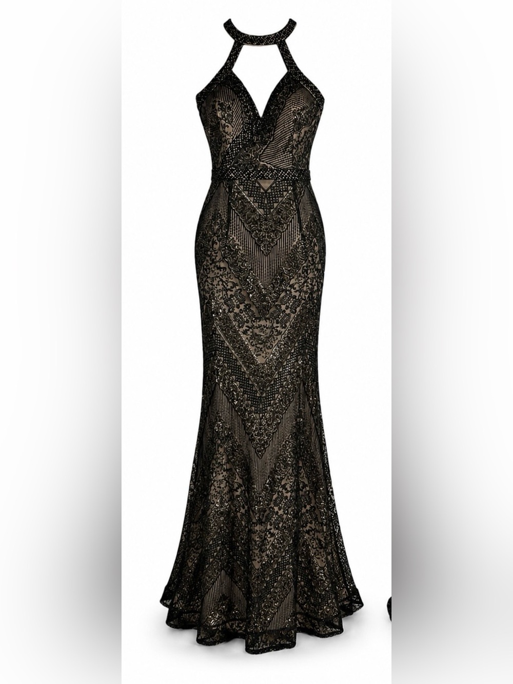 INVITO Haute Couture Black Sequin Beaded Chevron Mermaid Gown IT 42 US Small